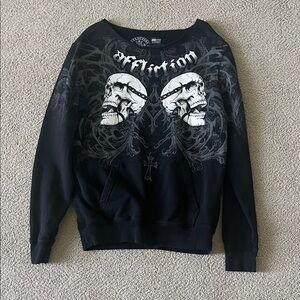 Affliction Black Crewneck Sweater with White Skull Graphic